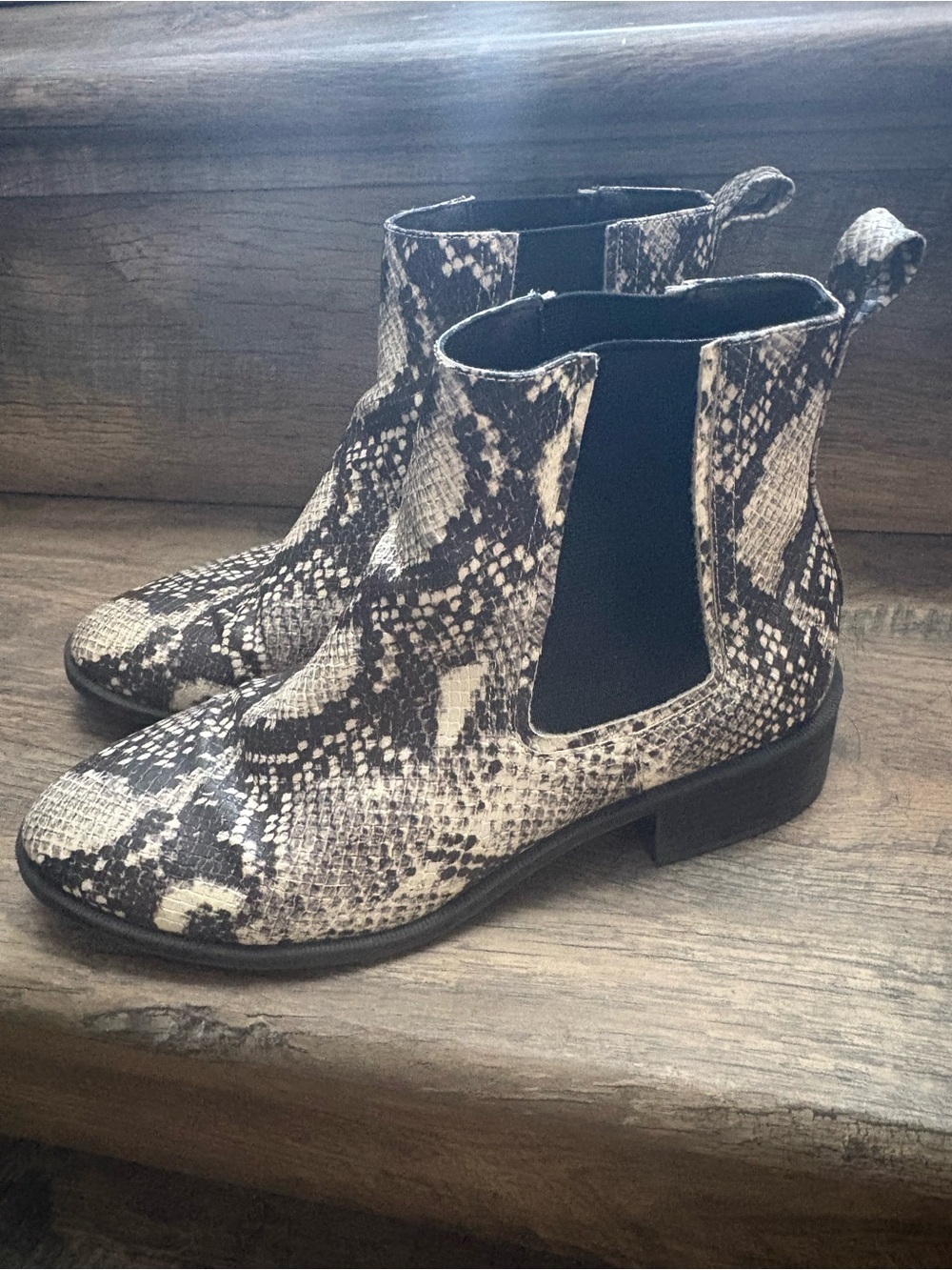 Steve Madden Snake-Print Chelsea Booties in Black and Cream